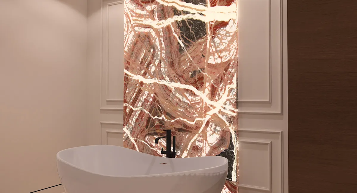 Оникс Onice Red Spider в интерьере (панно / панно с подсветкой / камень с подсветкой)